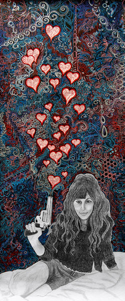 meghan oona clifford, love gun hearts art, fashionista love gun art, fashion hearts gun art, fashion love gun art, modern geometric fashion illustration, modern illuminated portraiture, meghan oona clifford, geometric abstract modern art, modern celtic knot work, modern urban art interior decor, psychedelic visionary art, fashionista art, boho fashion art