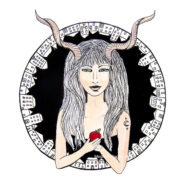 deer girl fashion illustration, horned women illustration, modern eve fashion illustration, apple eve modern drawing, charmaine olivia illustration, charmaine olivia drawings, contemporary fashion art, meghan oona clifford art