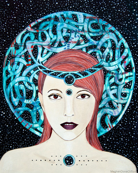 meghan oona clifford, fashion illustration modern art, moon goddess modern art, contemporary cosmic mystical art, star goddess modern art, audrey kawasaki, tara mcpherson, geometric modern art