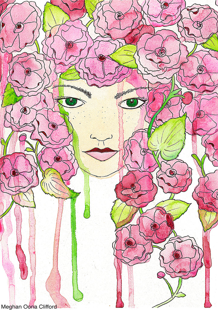 botanical pink flower girl illustration art, pink flower girl painting, pink flowers modern illustration girl, children's book flower girl, meghan oona clifford