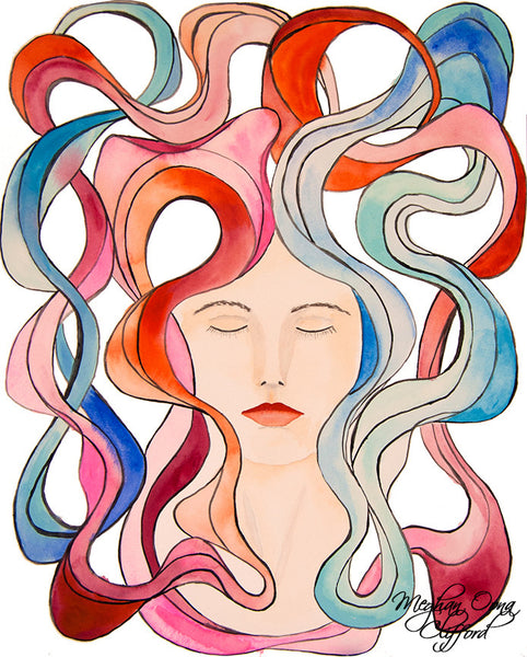 psychedelic visionary art, watercolor fashion illustration, modern goddess cosmic art, boho fashion art, boho girl art, bohemian fashion art