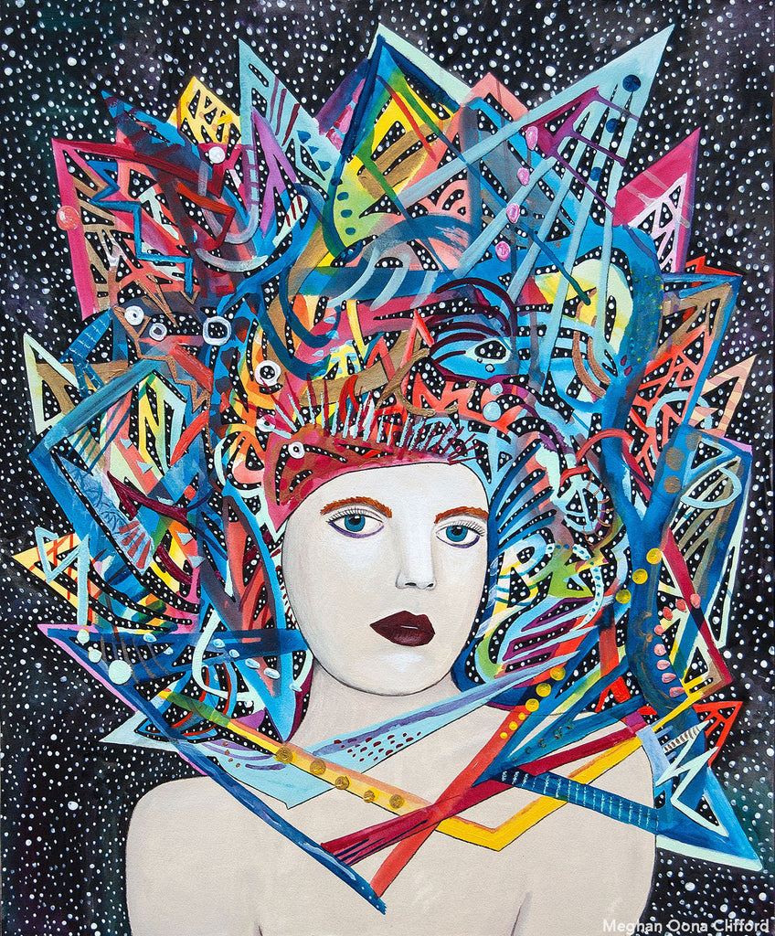 meghan oona clifford, fashion modern art, vibrant colorful headdress art, geometric modern art, erik jones art, mardi gras fashion