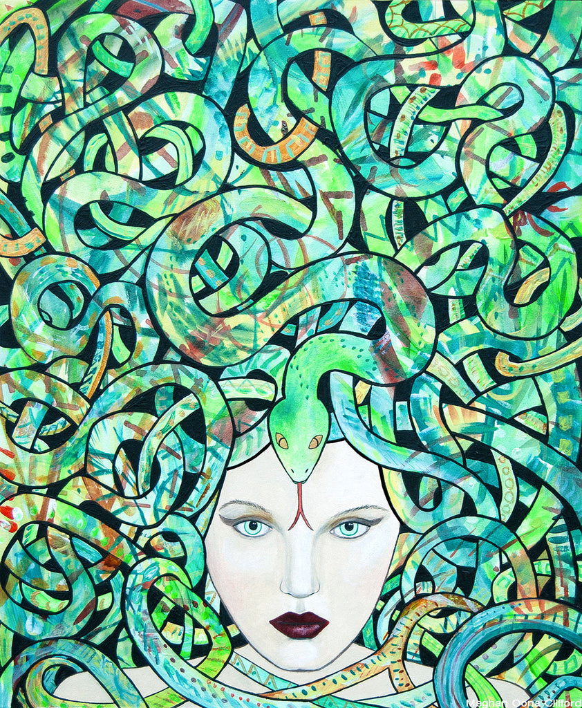 erik jones art, meghan oona clifford, snake goddess art, snake woman art, kundalini snake art, woven geometric abstract art, new contemporary art, fashion illustration painting