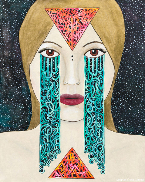 modern geometric fashion illustration, modern celtic knot painting, meghan oona clifford, geometric abstract modern art, modern celtic knot work, modern urban art interior decor, psychedelic visionary art, modern fashionista art, boho fashion art high fashion art, dmt art, open heart painting, tara mcpherson inspired art, meghan oona clifford art