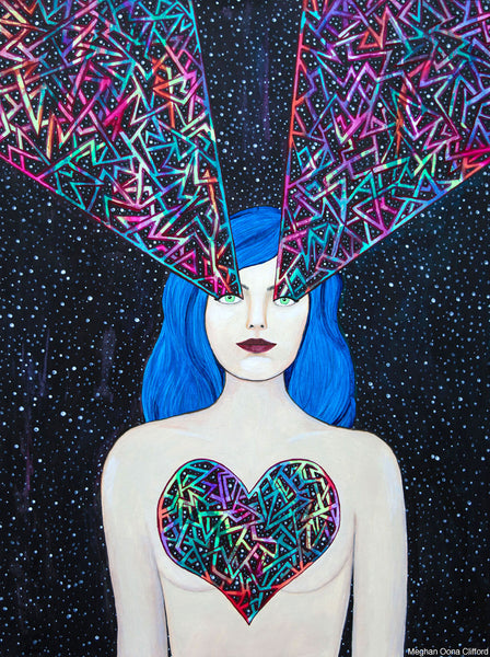 modern geometric fashion illustration, modern illuminated portraiture, meghan oona clifford, geometric abstract modern art, modern celtic knot work, modern urban art interior decor, psychedelic visionary art, modern fashionista art, boho fashion art high fashion art, dmt art, open heart painting, tara mcpherson inspired art, meghan oona clifford art