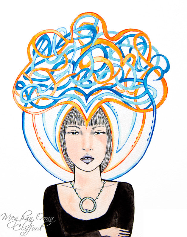 meghan oona clifford, charmaine olivia inspired, watercolor fashion illustration, modern goddess cosmic art, boho fashion art, boho girl art, bohemian fashion art, psychedelic visionary art