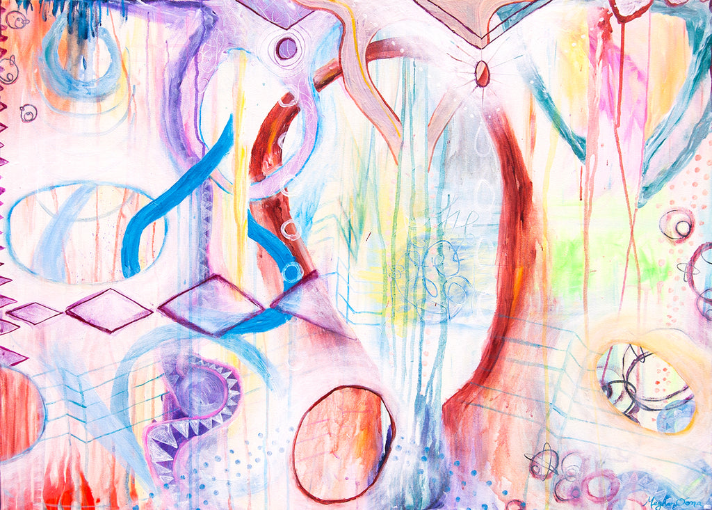 urban geometric abstract painting, urban contemporary abstract painting, modern urban abstract colorful art for interior design, geometric contemporary modern home decor, flora bowley inspired, meghan oona clifford, soft palette abstract urban home decor painting