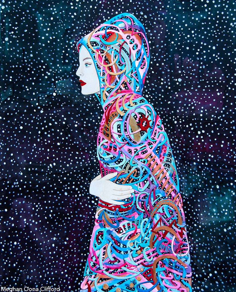 meghan oona clifford, fashion illustration modern art, runway fashion modern art, contemporary cosmic mystical art, cosmic girl modern art, geometric modern art, erik jones art, tara mcpherson art, audrey kawasaki art