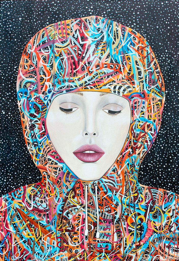 meghan oona clifford, fashion modern art, vibrant colorful fashion painting, geometric modern art, erik jones inspired, star dust hoodie art