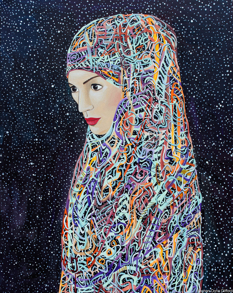 meghan oona clifford art, modern muslim fashion art, modern muslim style art, modern hijab painting, muslim american modern fashion art, erik jones inspired art, alex grey inspired art, android jones inspired art