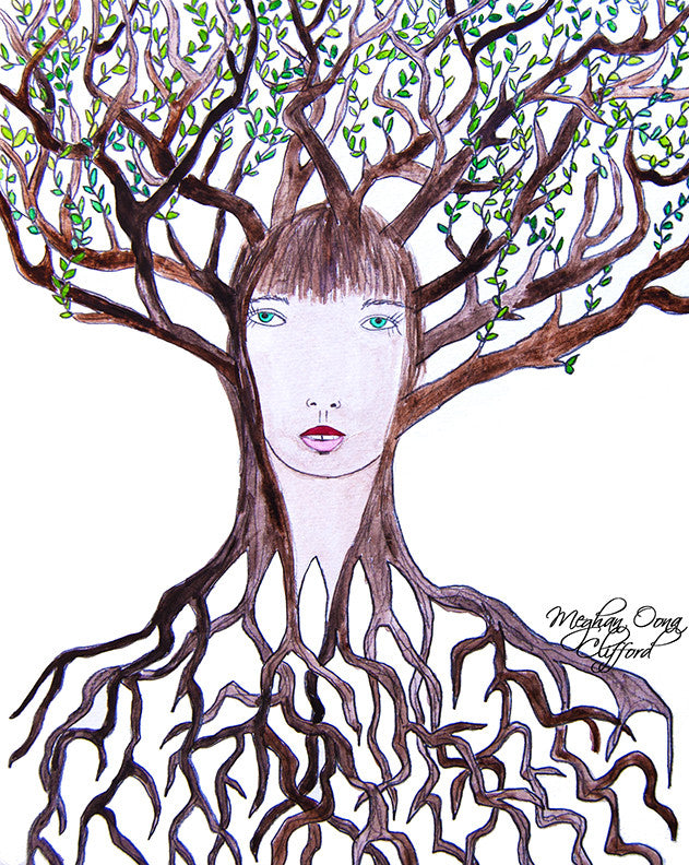 watercolor fashion illustration, modern goddess cosmic art, forest goddess girl art, tree goddess girl art, modern goddess tree art, modern tree girl art, bohemian girl tree art, boho tree girl art, charmaine olivia inspired