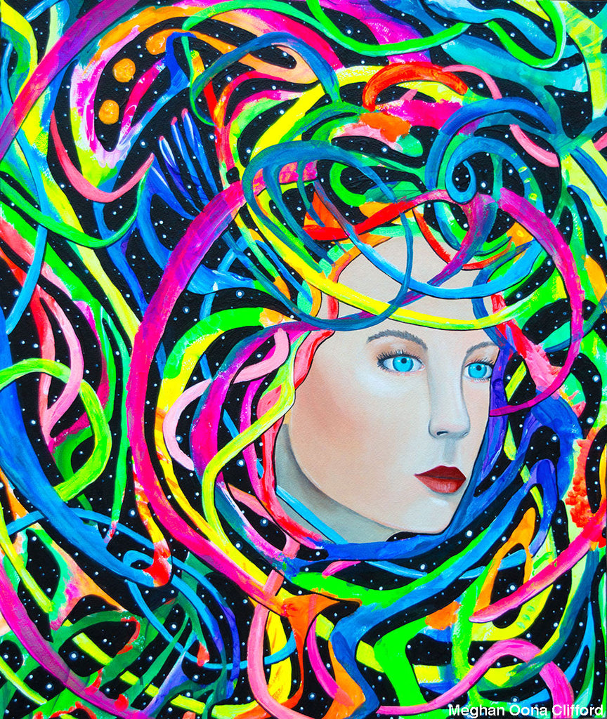 erik jones inspired, meghan oona clifford, celtic knot modern geometric art, new contemporary, fashionista art, tara mcpherson inspired, new contemporary art, neon abstract realistic painting, neon pop surrealism painting