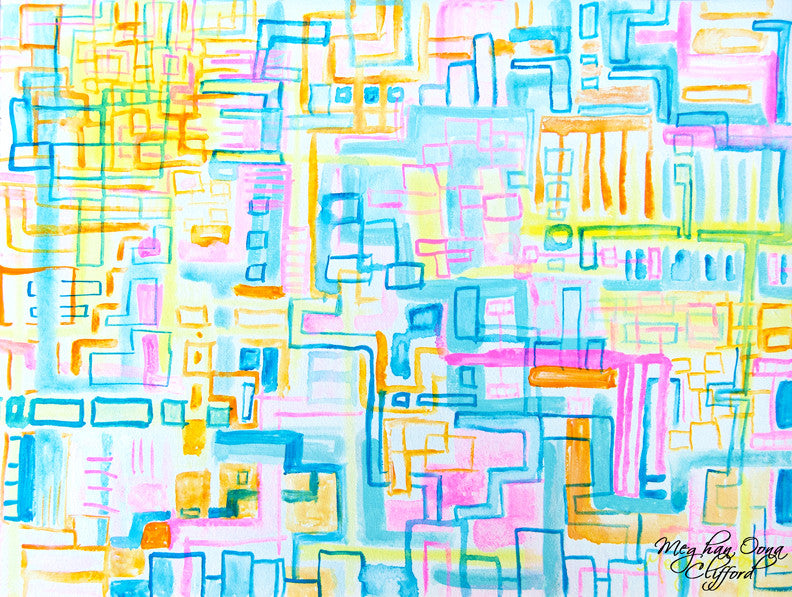 urban geometric abstract painting, urban contemporary abstract painting, modern urban abstract colorful art for interior design, geometric contemporary modern home decor, meghan oona clifford, neon abstract square modern art