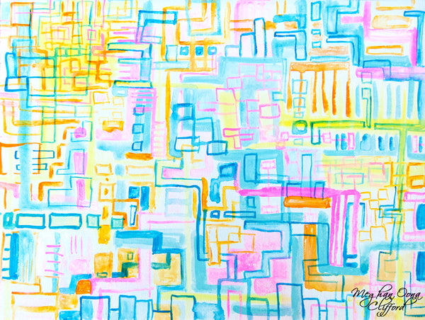 urban geometric abstract painting, urban contemporary abstract painting, modern urban abstract colorful art for interior design, geometric contemporary modern home decor, meghan oona clifford, neon abstract square modern art