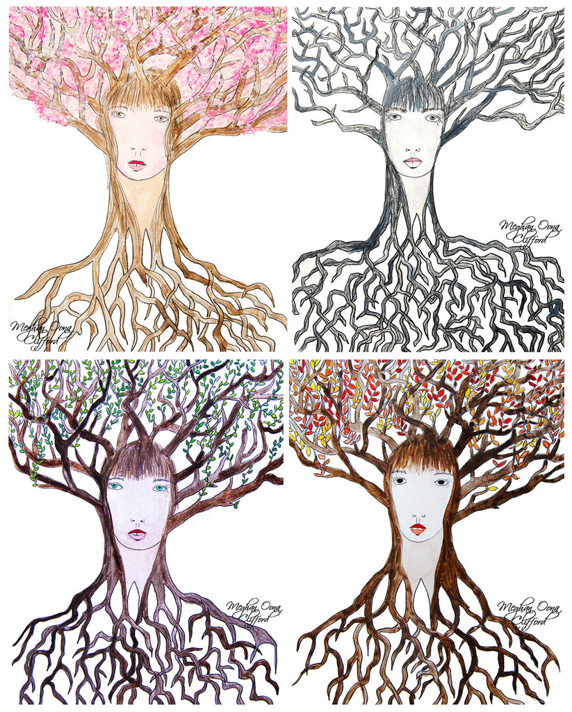 watercolor fashion illustration, modern goddess cosmic art, forest goddess girl art, tree goddess girl art, modern goddess tree art, modern tree girl art, bohemian girl tree art, boho tree girl art, charmaine olivia inspired