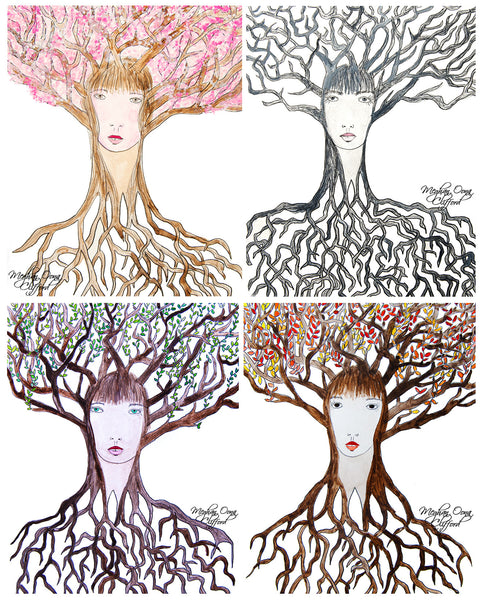 watercolor fashion illustration, modern goddess cosmic art, forest goddess girl art, tree goddess girl art, modern goddess tree art, modern tree girl art, bohemian girl tree art, boho tree girl art, charmaine olivia inspired