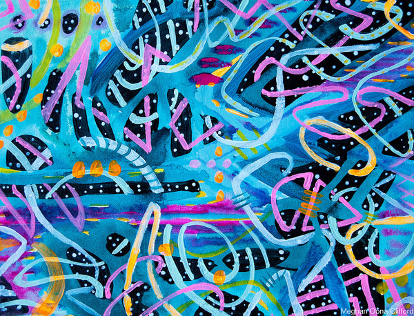 urban geometric abstract painting, urban contemporary abstract painting, modern urban abstract colorful art for interior design, geometric contemporary modern home decor, meghan oona clifford, neon abstract contemporary interior design, neon abstract urban painting