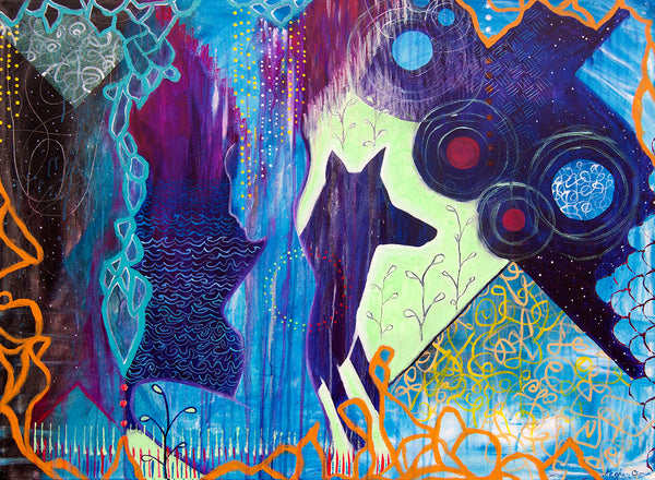 animal spirit sacred modern art, meghan oona clifford, flora bowley art, santa fe animal spirit wolf dog art, interior decor modern purple wolf dog, wemoon goddess animal spirit art