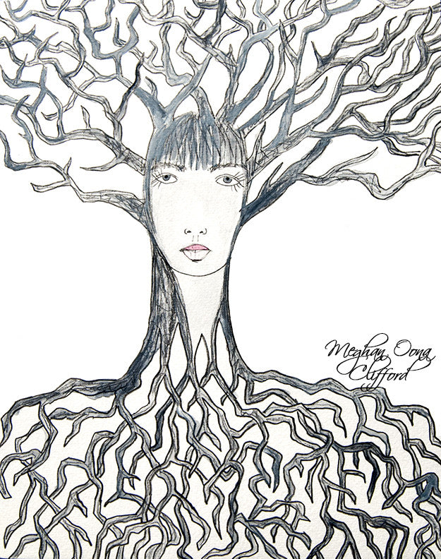 watercolor fashion illustration, modern goddess cosmic art, forest goddess girl art, tree goddess girl art, modern goddess tree art, modern tree girl art, bohemian girl tree art, boho tree girl art, charmaine olivia inspired