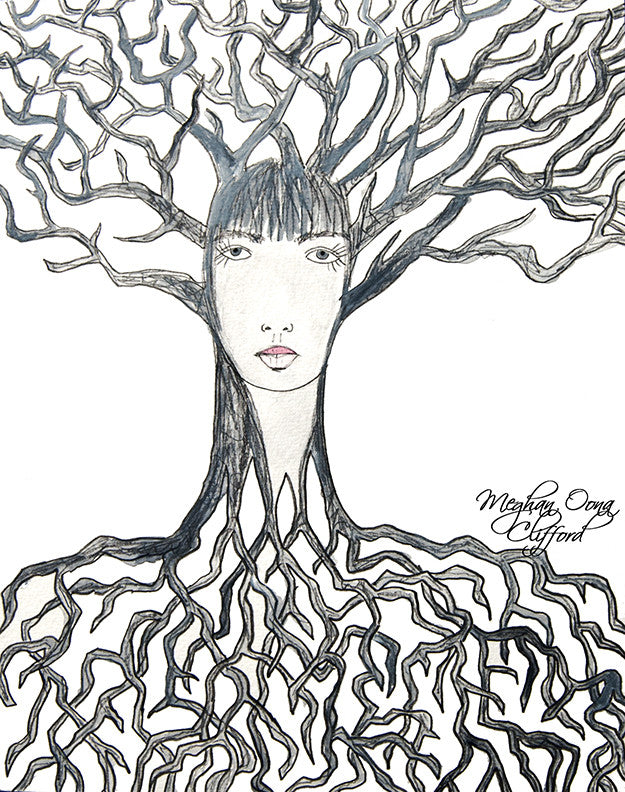 watercolor fashion illustration, modern goddess cosmic art, forest goddess girl art, tree goddess girl art, modern goddess tree art, modern tree girl art, bohemian girl tree art, boho tree girl art, charmaine olivia inspired